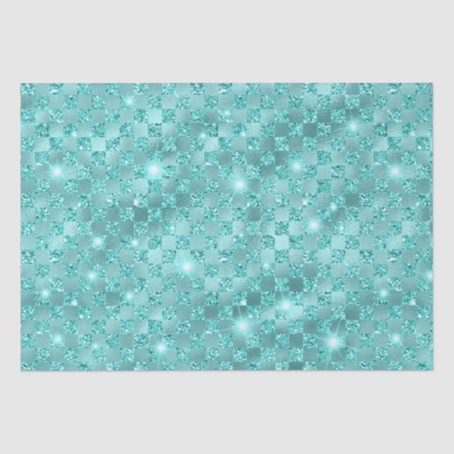 Elegant Blue Chequered Metallic Glitter Pattern Tissue Paper (Front)