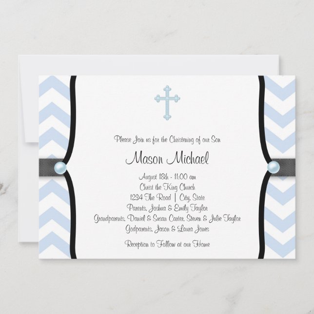 Elegant Blue Chevron Christening Invitation (Front)