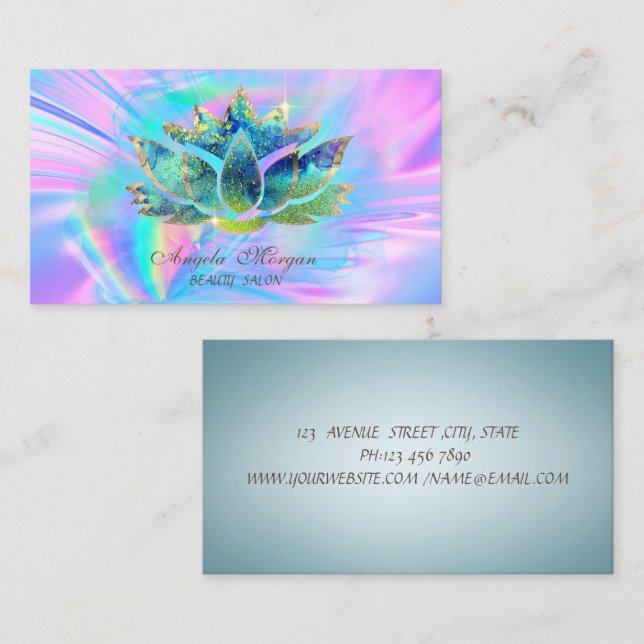 Elegant Blue Chic Lotus Flower Holographic Business Card (Front/Back)