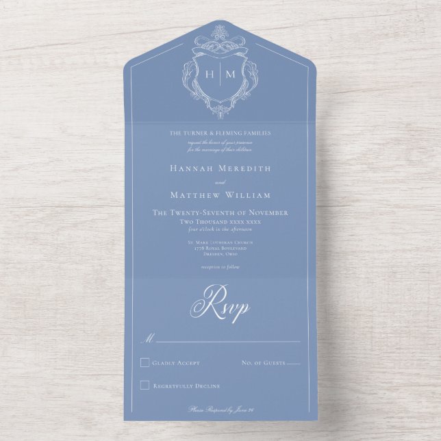 Elegant Blue Chinoiserie Bird Crest Wedding All In One Invitation (Inside)