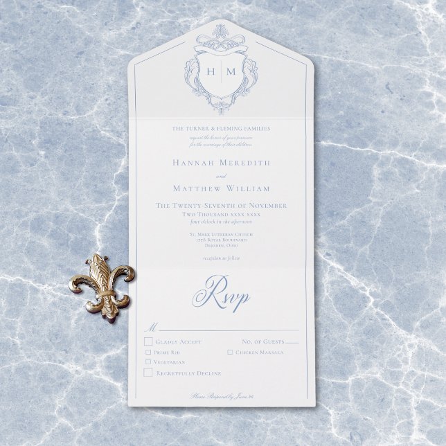 Elegant Blue Chinoiserie Bird Crest Wedding All In One Invitation (Elegant Blue Chinoiserie Bird Crest Wedding All In One Invitation)