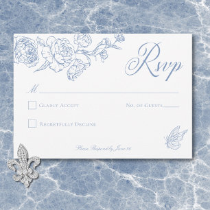 Elegant Blue Chinoiserie Bird & Crest Wedding RSVP Card