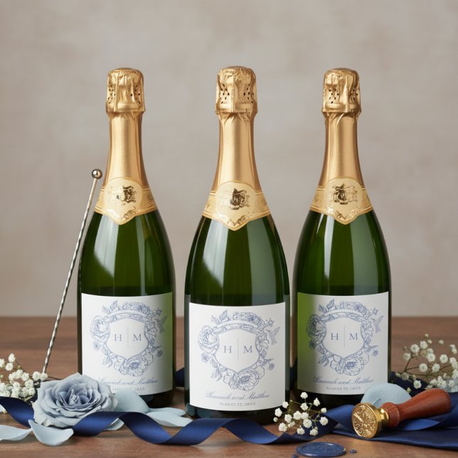 Elegant Blue Chinoiserie Bird Crest Wedding Sparkling Wine Label (Creator Uploaded)