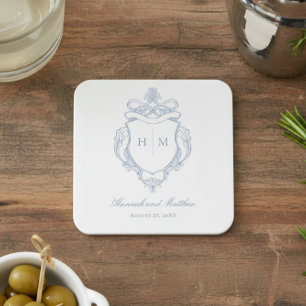 Elegant Blue Chinoiserie Bird Crest Wedding Square Paper Coaster