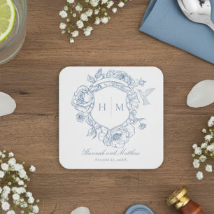 Elegant Blue Chinoiserie Bird Crest Wedding Square Paper Coaster