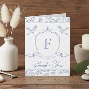 Elegant Blue Chinoiserie Bird & Crest Wedding Than Thank You Card