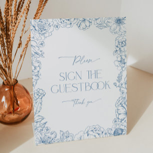 Elegant Blue Chinoiserie Bridal Shower Guestbook Pedestal Sign