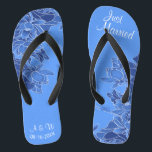 Elegant Blue Chinoiserie Chic Wedding Just Married Thongs<br><div class="desc">Featuring a chinoiserie illustration of floral pattern on the blue background, and wedding words typography, these elegant flip flops are a pretty something blue idea for your wedding. They will add a stylish dose of glam to your wedding day, bachelorette party, or other celebration. ♥Customise it with your wording by using the template...</div>