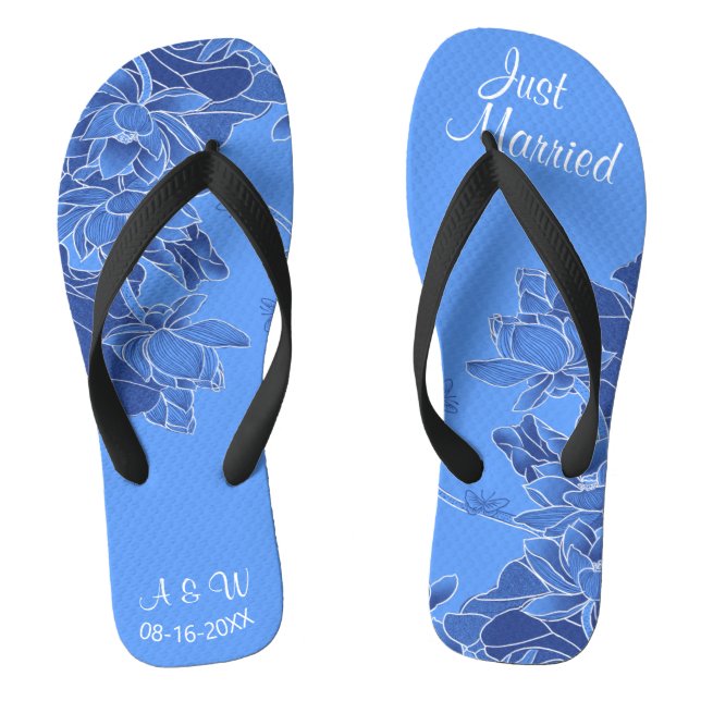 Elegant Blue Chinoiserie Chic Wedding Just Married Thongs (Footbed)