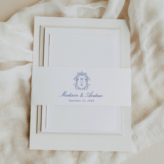 Elegant Blue Chinoiserie Crest Monogram Wedding Invitation Belly Band (Creator Uploaded)