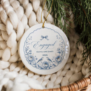 Elegant Blue Chinoiserie Engaged Ceramic Ornament