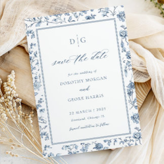 Elegant Blue Chinoiserie Flat Save The Date Card