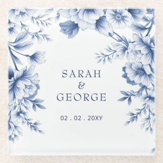Elegant Blue Chinoiserie Floral Botanical Wedding Glass Coaster