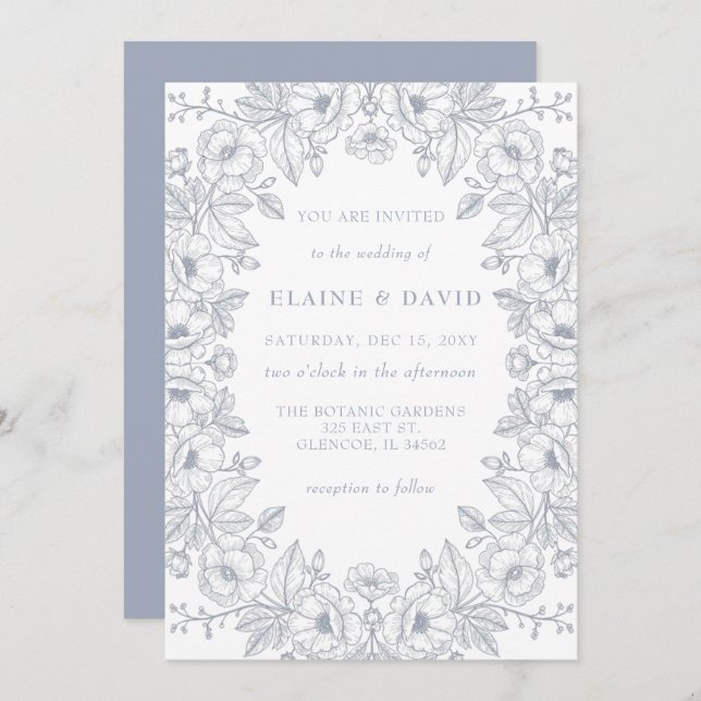 Elegant Blue Chinoiserie Floral Botanical Wedding Invitation (Front/Back)