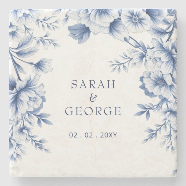 Elegant Blue Chinoiserie Floral Botanical Wedding Stone Coaster (Front)