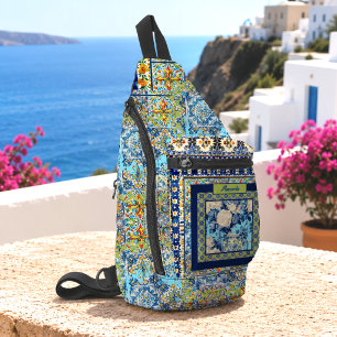 Elegant Blue Chinoiserie Floral Monogram Tile Sling Bag