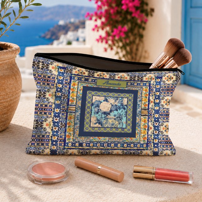 Elegant Blue Chinoiserie Floral Tile Monogram Accessory Pouch (Creator Uploaded)