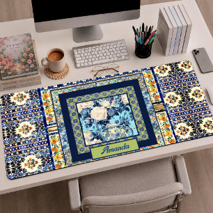 Elegant Blue Chinoiserie Floral Tile Monogram Desk Mat