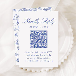 Elegant Blue Chinoiserie Floral Wedding QR Code RSVP Card