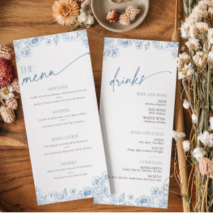 Elegant Blue Chinoiserie Food and Drinks Menu Card