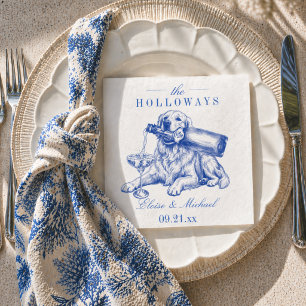 Elegant Blue Chinoiserie Golden Retriever Wedding Napkin