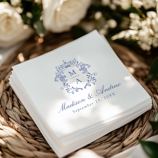 Elegant Blue Chinoiserie Monogram Crest Wedding Napkin (Creator Uploaded)