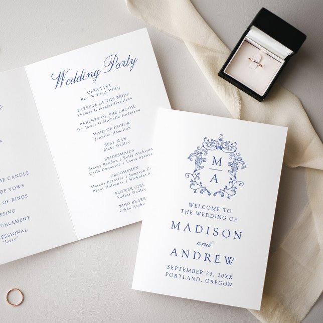 Elegant Blue Chinoiserie Monogram Crest Wedding Program (Creator Uploaded)