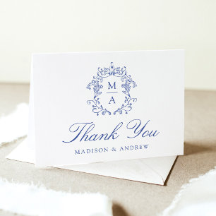 Elegant Blue Chinoiserie Monogram Crest Wedding Thank You Card