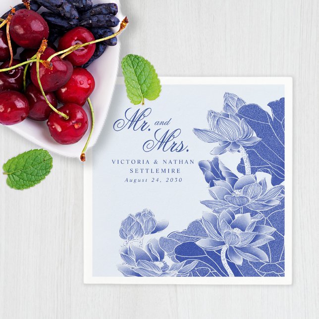 Elegant Blue Chinoiserie Mr. & Mrs. Floral Wedding Napkin (Creator Uploaded)