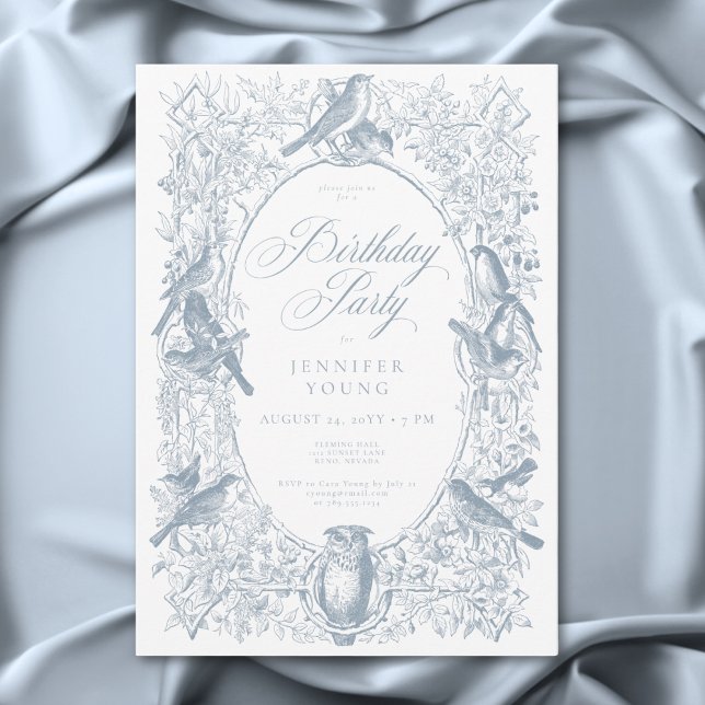 Elegant Blue Chinoiserie Nature & Birds Birthday Invitation (Elegant Blue Chinoiserie Nature & Birds Birthday Invitation)