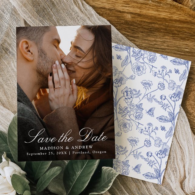 Elegant Blue Chinoiserie Photo Wedding Save The Date (Creator Uploaded)