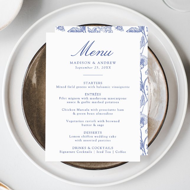 Elegant Blue Chinoiserie Victorian Floral Wedding Menu (Creator Uploaded)