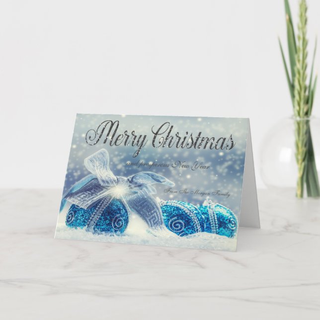 Elegant Blue Christmas Balls Holiday Card (Front)