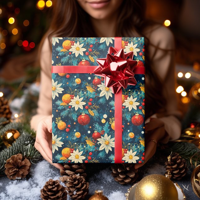 Elegant Blue Christmas Florals & Ornaments Pattern Wrapping Paper (Creator Uploaded)