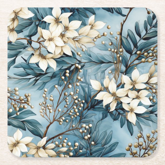 Elegant Blue Christmas Florals  Square Paper Coaster (Front)