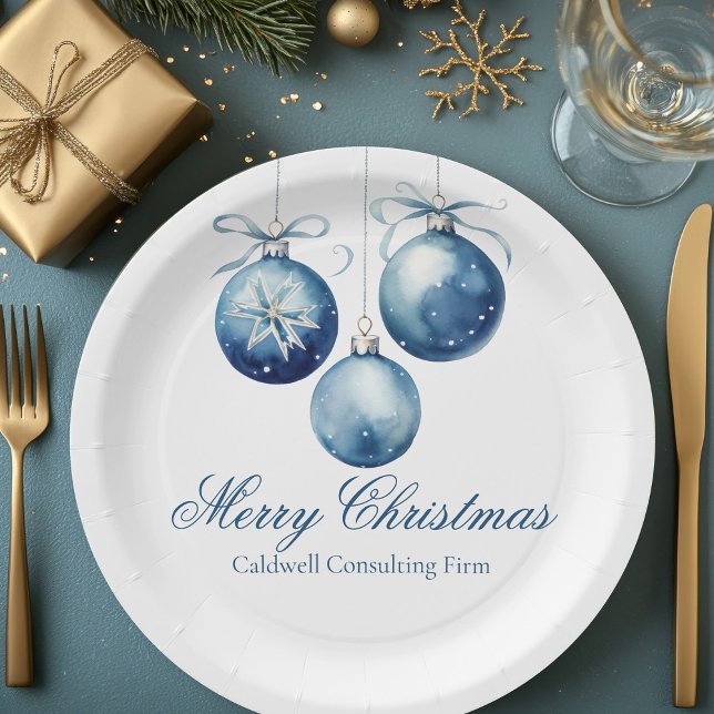 Elegant Blue Christmas Ornaments Company Party Paper Plate (Creator Uploaded)