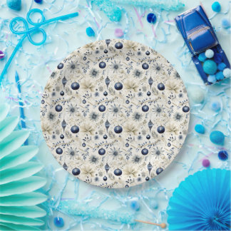 Elegant Blue Christmas Ornaments Holiday   Paper Plate