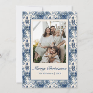Elegant Blue Christmas Toile Nutcracker Photos Holiday Card