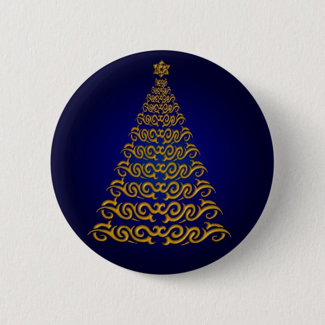 Elegant Blue Christmas Tree Button (Front)