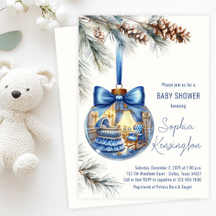 Elegant Blue Christmas Tree Ornament Baby Shower Invitation