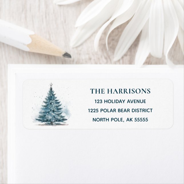 Elegant Blue Christmas Tree Return Address Label (Insitu)