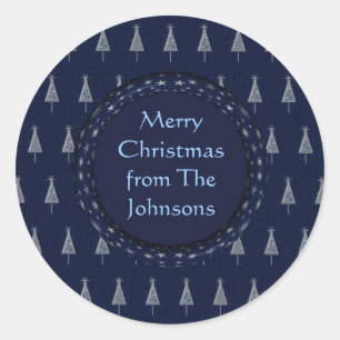 Elegant Blue Christmas Trees and Stars Classic Round Sticker