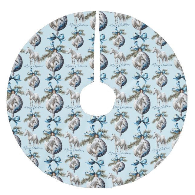 Elegant blue Christmas white horse equestrian Brushed Polyester Tree Skirt (Front)