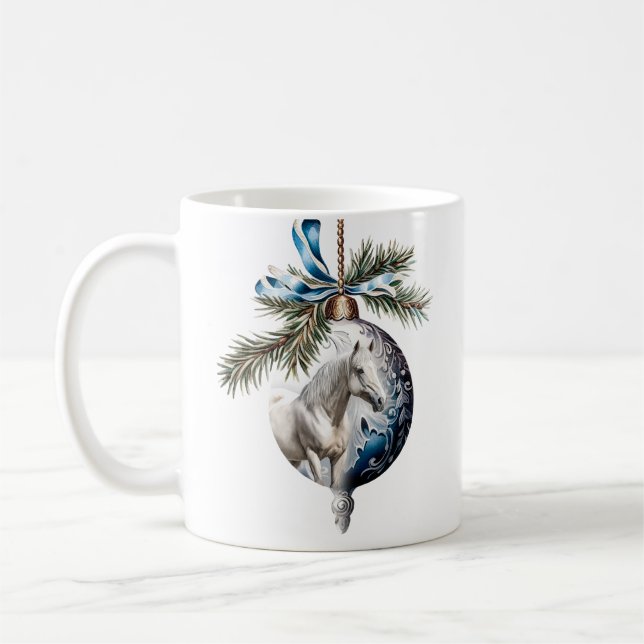 Elegant blue Christmas white horse equestrian Coffee Mug (Left)
