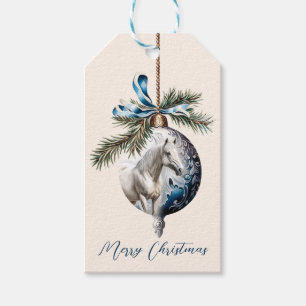 Elegant blue Christmas white horse equestrian Gift Tags