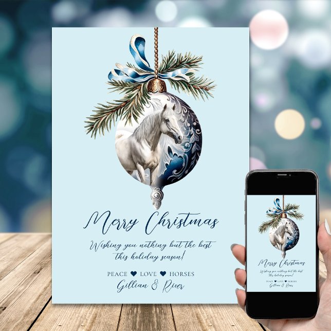 Elegant blue Christmas white horse equestrian Holiday Card (Elegant blue Christmas white horse equestrian Holiday Card)