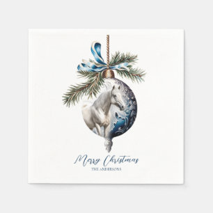 Elegant blue Christmas white horse equestrian Napkin