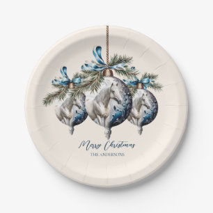 Elegant blue Christmas white horse equestrian Paper Plate