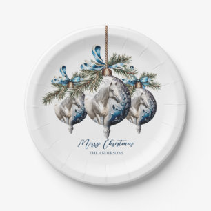 Elegant blue Christmas white horse equestrian Paper Plate