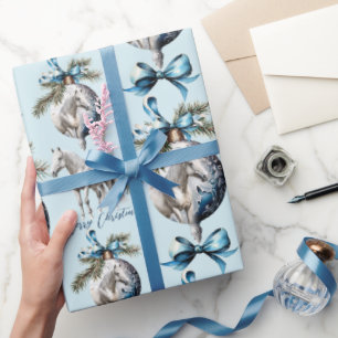 Elegant blue Christmas white horse equestrian Wrapping Paper